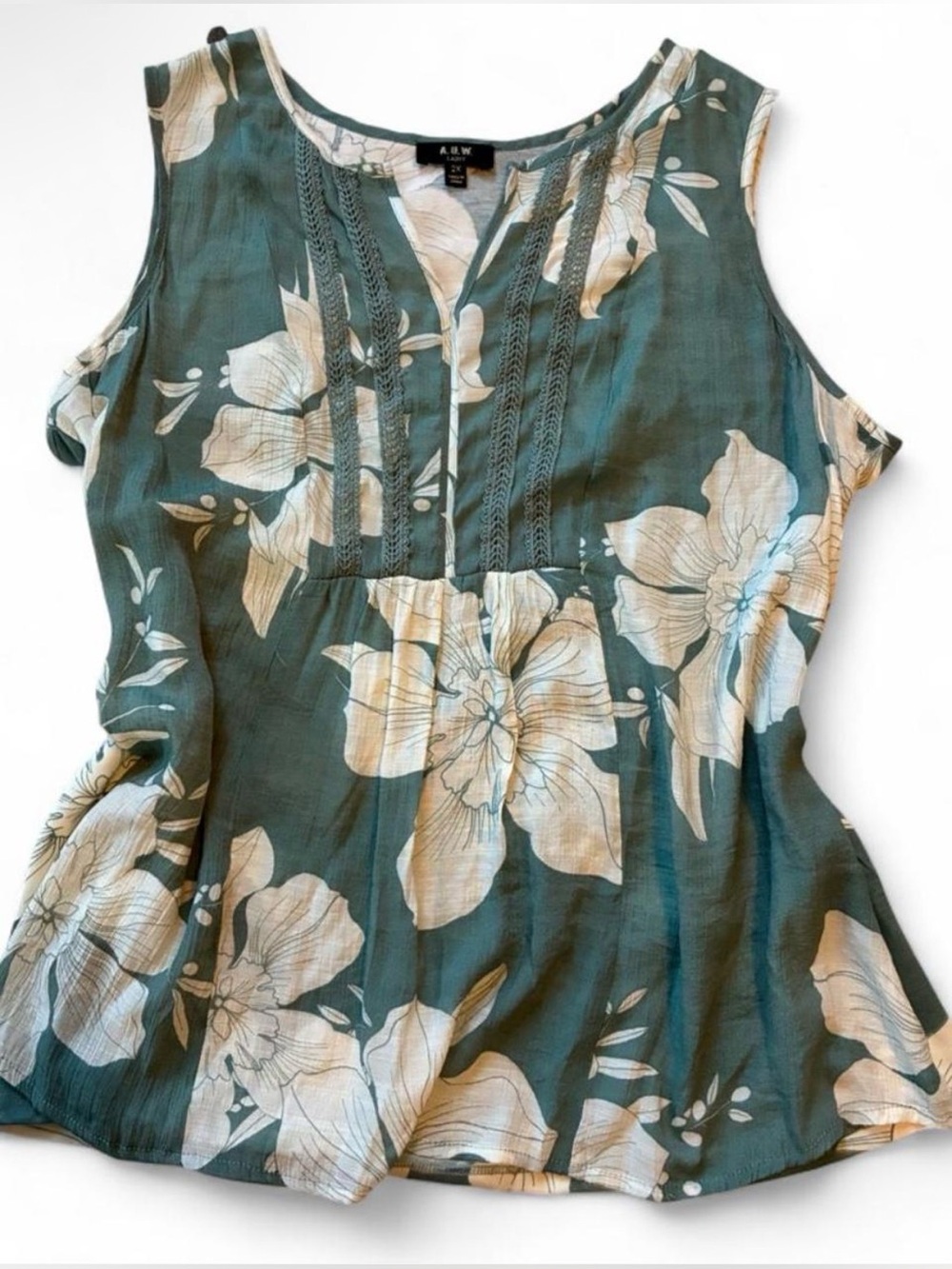 AUW White Floral & Green Sleeveless Blouse Rayon 2XL - Picture 2 of 6